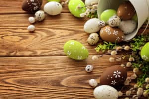Easter eggs on wooden table